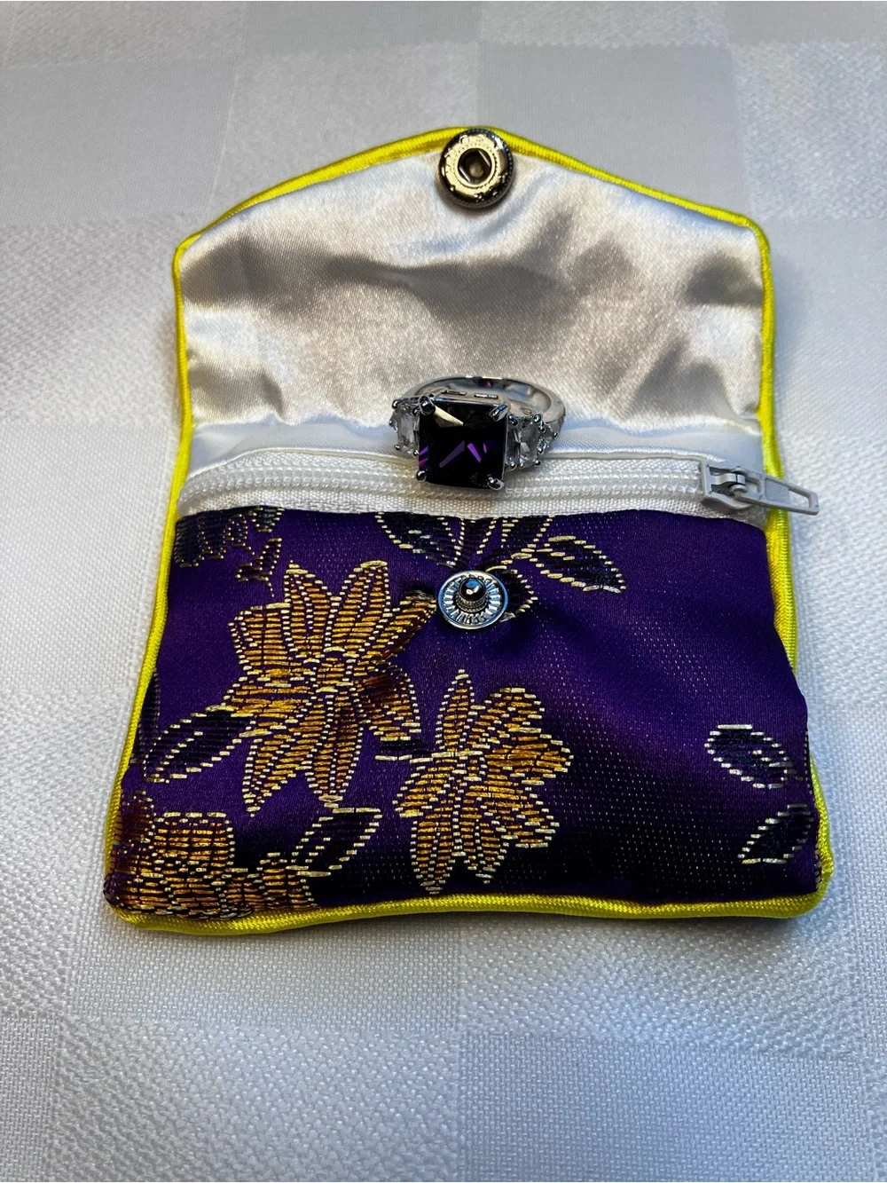 Square Silver Plated Faceted Purple Statement Ring with Floral Brocade Pouch, 7